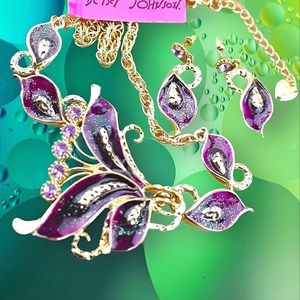 Gold plated purple crystal peacock feather necklace earrings set